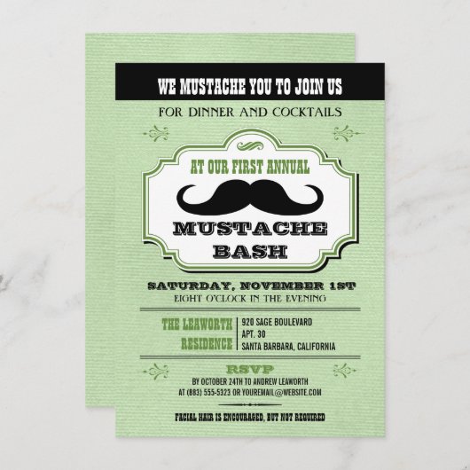 Invitation Vintage Green Mustache Bash (Devant / Derrière)