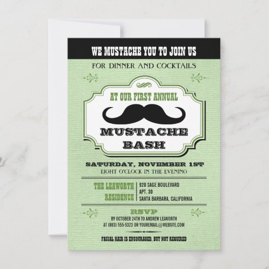 Invitation Vintage Green Mustache Bash (Devant)