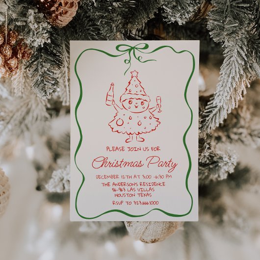 Invitation Vintage Green Red Christmas Champagne Tree Party