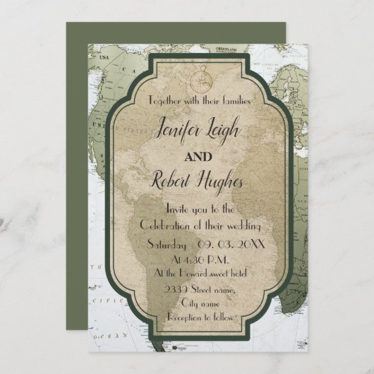 Invitation Vintage Green World Voyage thème mariage (Devant / Derrière)