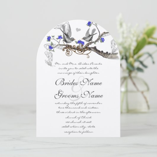 Invitation Vintage Gris Oiseaux Royal Bleu Cerisier Fleur (Debout devant)
