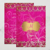 Invitation Vintage/Grunge/Damas/Swirls/rose chaude (Devant / Derrière)