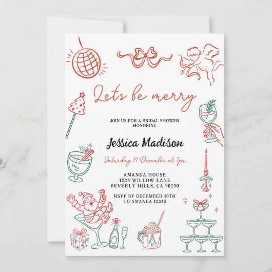 Invitation Vintage Hand Drawn Christmas Bridal Shower (Devant)