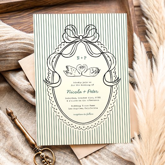 Invitation Vintage Hand Drawn Swan Green Stripes Wedding