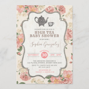 Invitation Vintage High Tea Baby shower rose Floral Russe