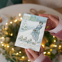 Vintage hiver Wonderland Lady Walking Pigs