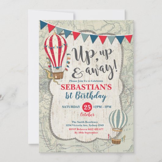 Invitation Vintage Hot Air Balloon Aventure 1er anniversaire (Devant)
