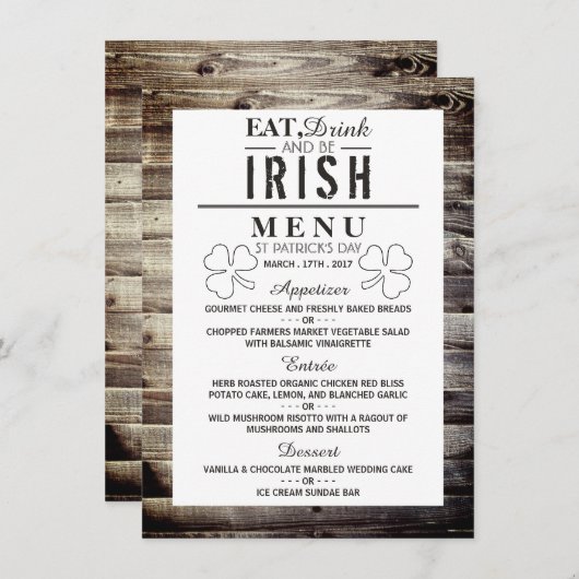 Invitation Vintage Irish Wood St Patrick's Day Menu (Devant / Derrière)