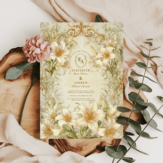Invitation Vintage Ivory Lily Mariage floral