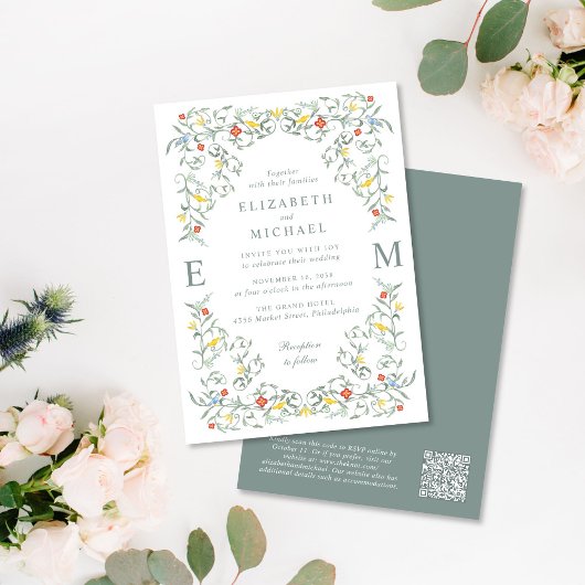 Invitation Vintage Jardin Aquarelle Monogramme QR Code Mariag