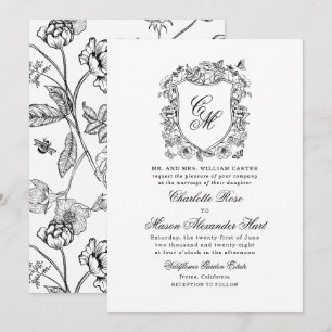 Invitation Vintage Jardin Crest Noir et Blanc