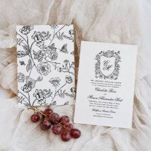 Invitation Vintage Jardin Crest Noir et Blanc