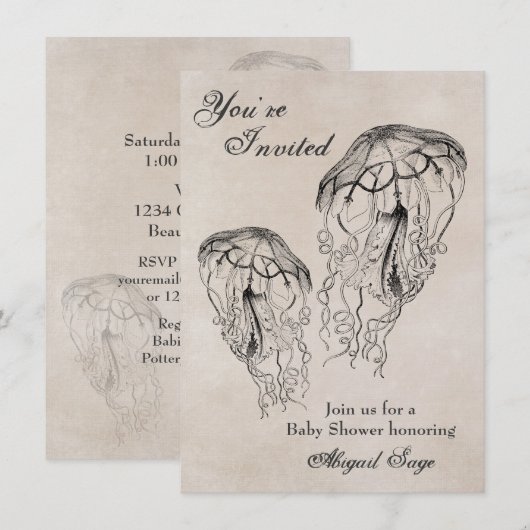 Invitation vintage Jellyfish Baby shower Beach (Devant / Derrière)