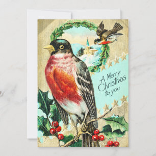 Invitation Vintage Joyeux Oiseau de Noël Holly