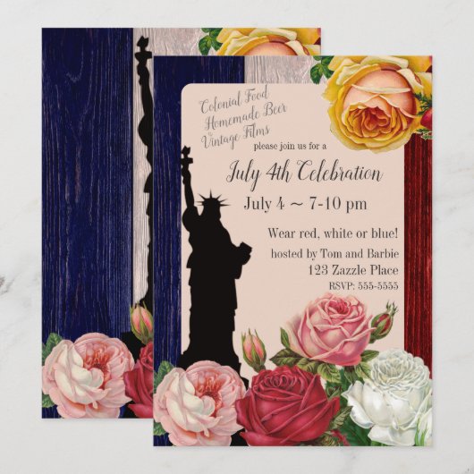 Invitation Vintage Juillet 4 Jour Roses (Devant / Derrière)