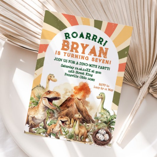 Invitation Vintage Jurassic Boy Dinosaur Volcano Anniversaire