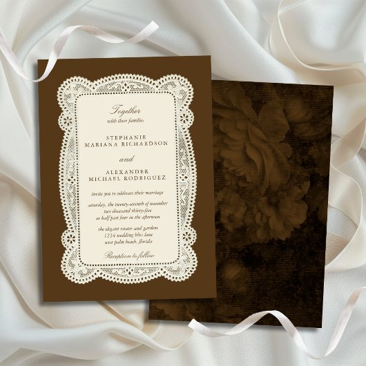 Invitation Vintage Lace Old Money Mocha Brown Wedding