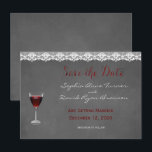 Invitation Vintage Lace Winery Wedding ENREGISTRER LA DATE<br><div class="desc">Design à thème mariage rustique vignoble/vignoble avec un verre de vin rouge, dentelle vintage, de belles polices sur un arrière - plan de tableau noir. Ce design est un bon choix pour un mariage à thème mariage Automne, Vignoble/Vignoble. Utilisez l'outil Customiser pour ajouter vos informations. Pour plus de papeterie mariage...</div>