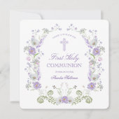 Invitation Vintage Lilac Fleurs Cadre Première Communion (Devant)