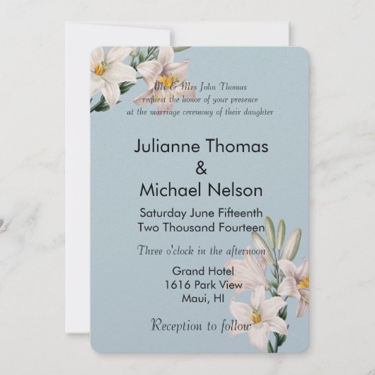 Invitation Vintage Lilies Bleu Blanc Floral Mariage (Devant)