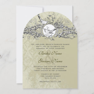 Invitation Vintage Lovebird Sage Green Musical Scroll Mariage