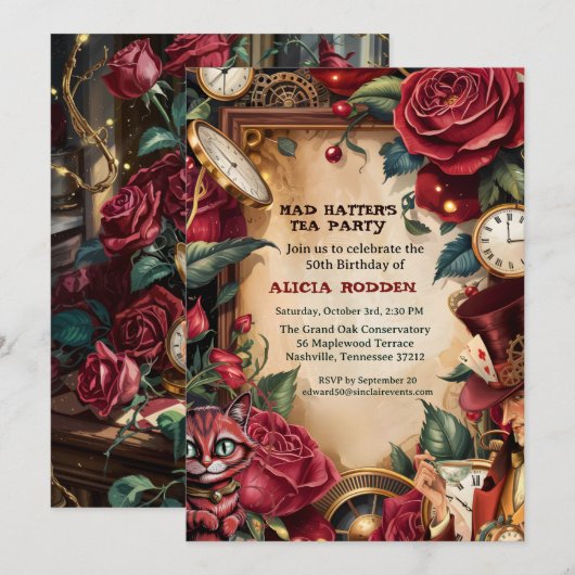 Invitation Vintage Mad Hatter Tea Party Birthday  (Devant / Derrière)