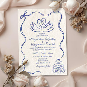 Invitation Vintage Main Tirée Bleu Rétro Mariage de cygnes à