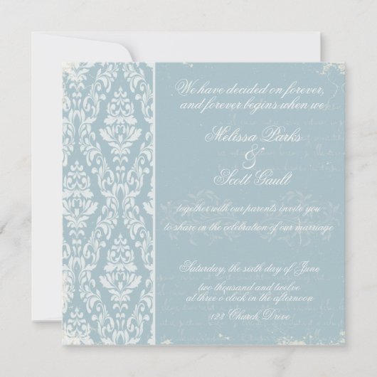 Invitation Vintage mariage damassé Blue (Devant)