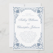 Invitation Vintage Mariage Dusty Bleu Blanc Élégant Script (Devant)