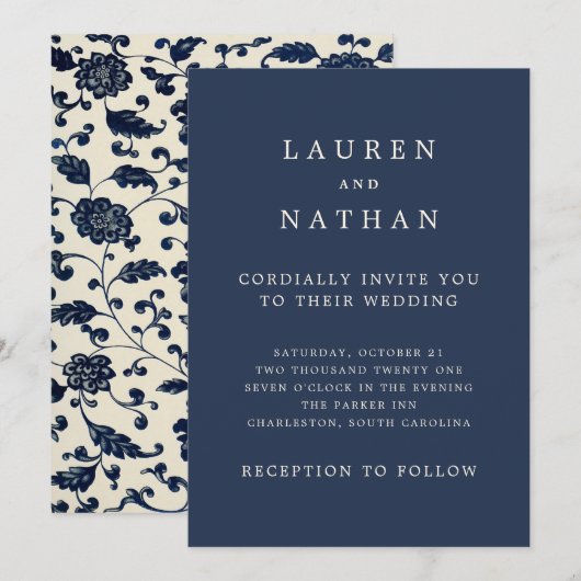 Invitation Vintage Mariage Floral | Marine et Crème (Devant / Derrière)