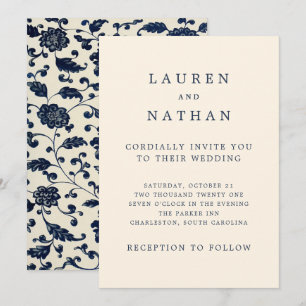 Invitation Vintage Mariage Floral Marine et Crème