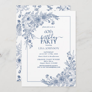 Invitation Vintage Marine Blue Floral Line Art 60e anniversai