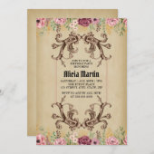 Invitation Vintage Maroon Gold Flora Parchment Anniversaire (Devant / Derrière)