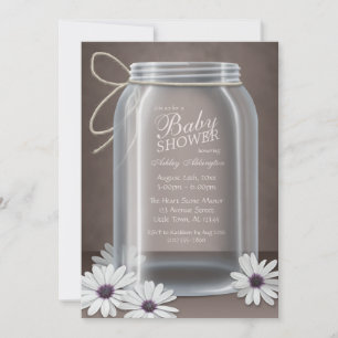 Invitation Vintage Mason Jar Daisy Baby shower Brown