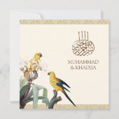 Invitation Vintage mignon perroquets jaunes Mariage musulman (Devant)