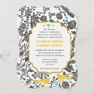 Invitation Vintage Mint Grey Jaune Floral Inséparable Mariage