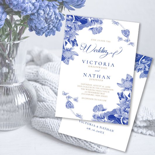 Invitation Vintage Moderne Blue Chinoiserie Floral Mariage