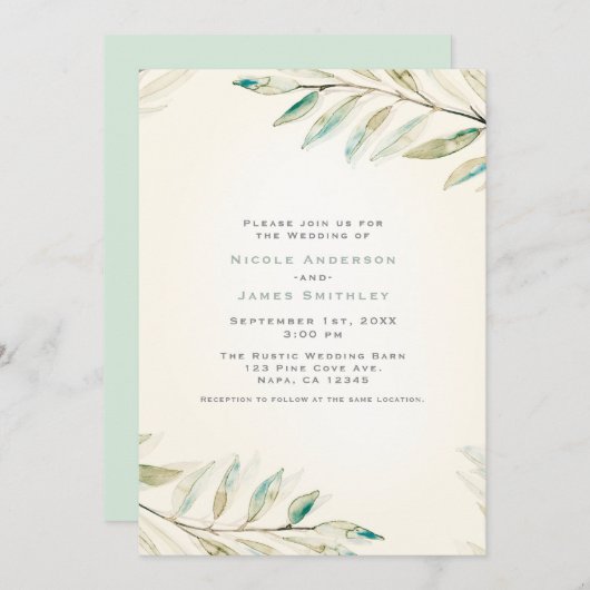 Invitation Vintage Moderne Vert Eucalyptus Feuille Mariage (Devant / Derrière)