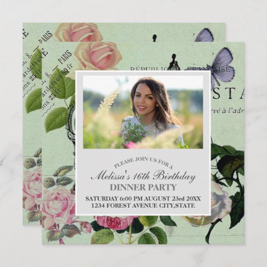 Invitation Vintage Monnaie French Rose Paris (Devant / Derrière)