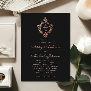 Invitation Vintage Monogramme Black Rose Gold Crest Mariage