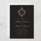 Invitation Vintage Monogramme Black Rose Gold Crest Mariage (Devant)