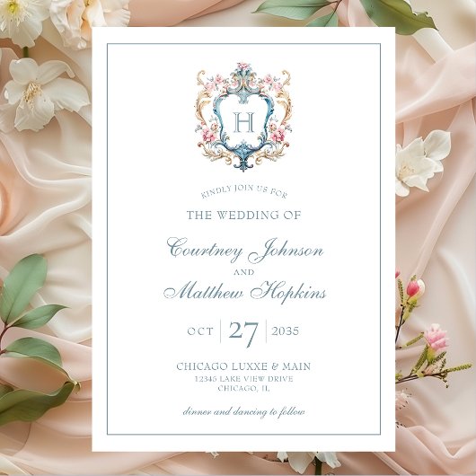 Invitation Vintage Monogramme Floral Crest Mariage