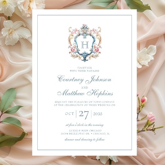 Invitation Vintage Monogramme Floral Crest Mariage