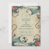 Invitation Vintage Nautical Waves & Rope Wedding (Devant)