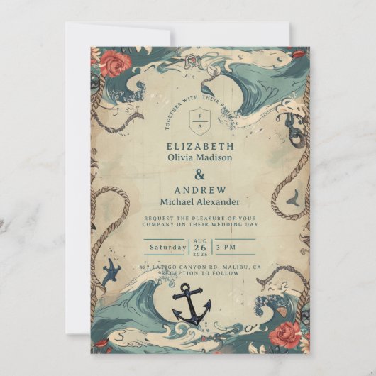Invitation Vintage Nautical Waves & Rope Wedding (Devant)