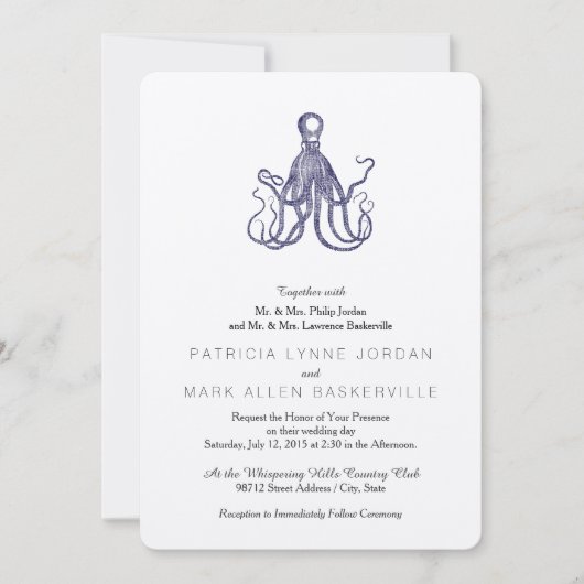 Invitation Vintage Nautique Côtière Pieuvre (Devant)