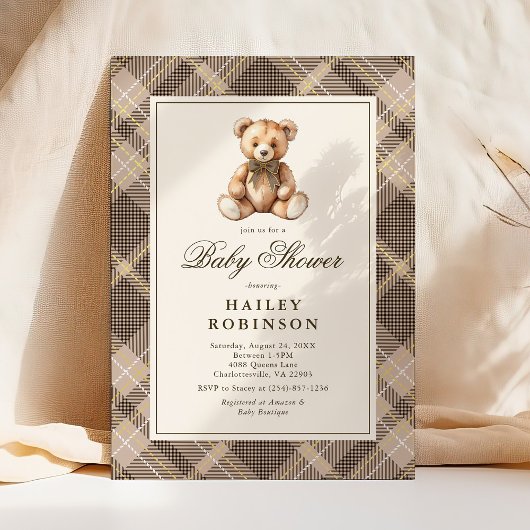 Invitation Vintage Neutral Plaid Teddy Bear Baby Shower