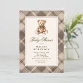 Invitation Vintage Neutral Plaid Teddy Bear Baby Shower (Debout devant)
