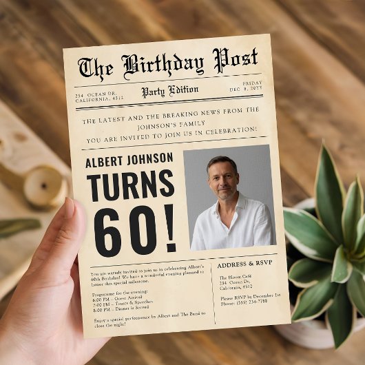 Invitation Vintage Newspaper 60th Milestone Birthday Photo