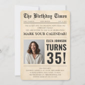 Invitation Vintage Newspaper Custom Photo 35th Birthday Party (Devant)